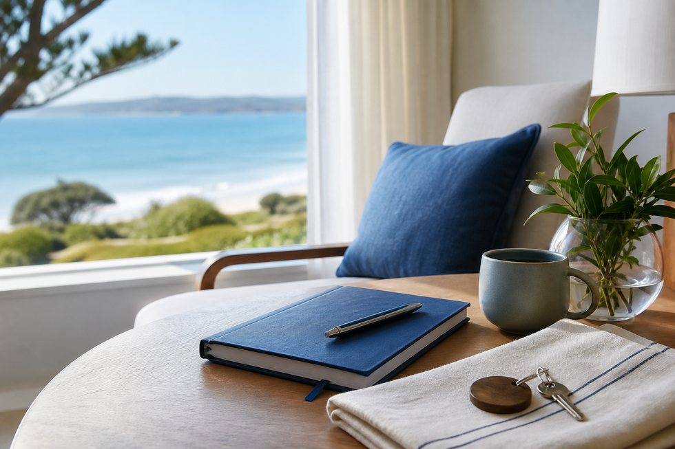 Guestbook, room keys, and coffee beside a coastal motel window